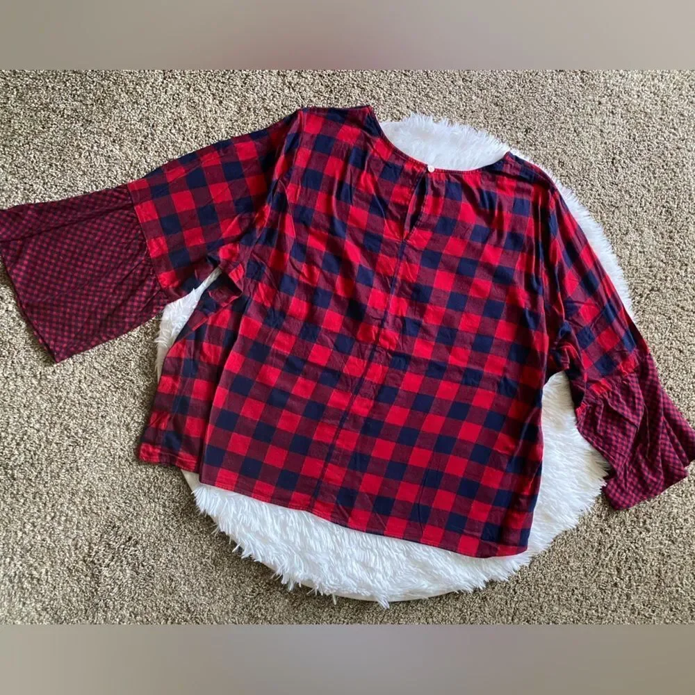 J. Crew Mercantile‎ Plaid Top Womens Size 24 Red Blue Wide Sleeves